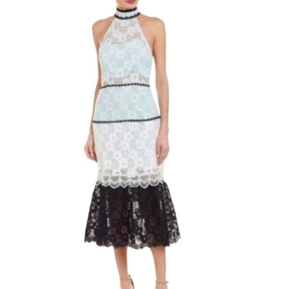 FOXIEDOX AMELIA MOCK NECK HALTER LACE MIDI DRESS